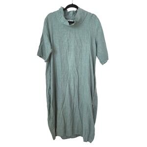 Puro Lino Sage Green 100% Linen Funnel Neck Midi Shift Dress Made in Italy